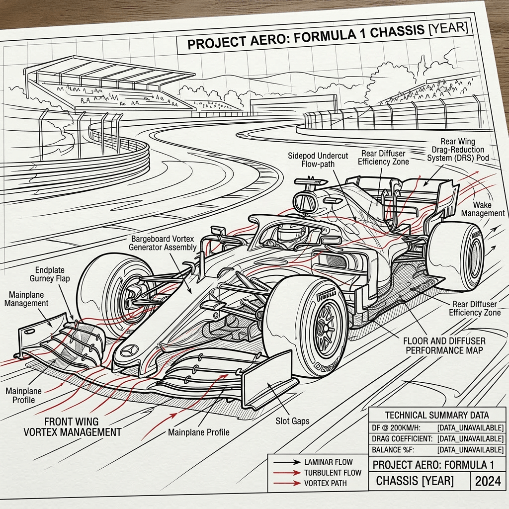 Line drawing of a Formula 1 car racing on a curved circuit track with grandstands and fencing in the background